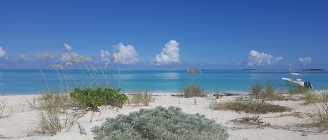 En la playa, camastros y toallas de playa 