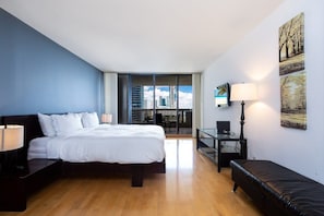 1 bedroom, desk, iron/ironing board, travel cot