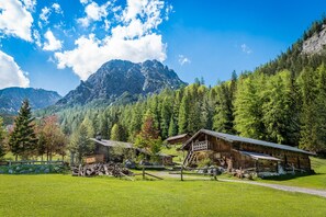 A rustic mountain cabin with a wooden exterior, surrounded by lush greenery and a clear blue sky. - Apartment Unterlechnung in Vomp (Vomp)