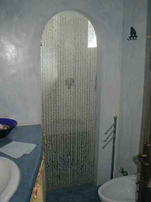 Regadera, secadora de cabello, bidet, toallas