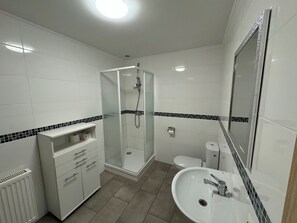 Family Condo | Bathroom | Shower, towels, soap, toilet paper - Pension Lindenhof Drabsch (Neuzelle)