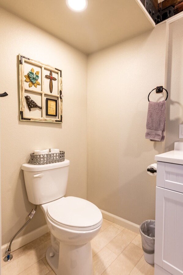 A bathroom with a toilet, a sink, and a shower.