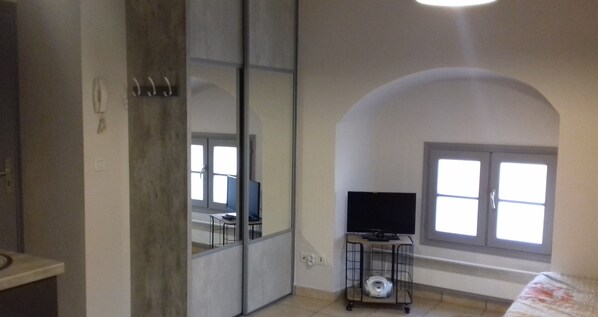 A room with a sliding door, a television on a stand, a toilet, and a window with a view.