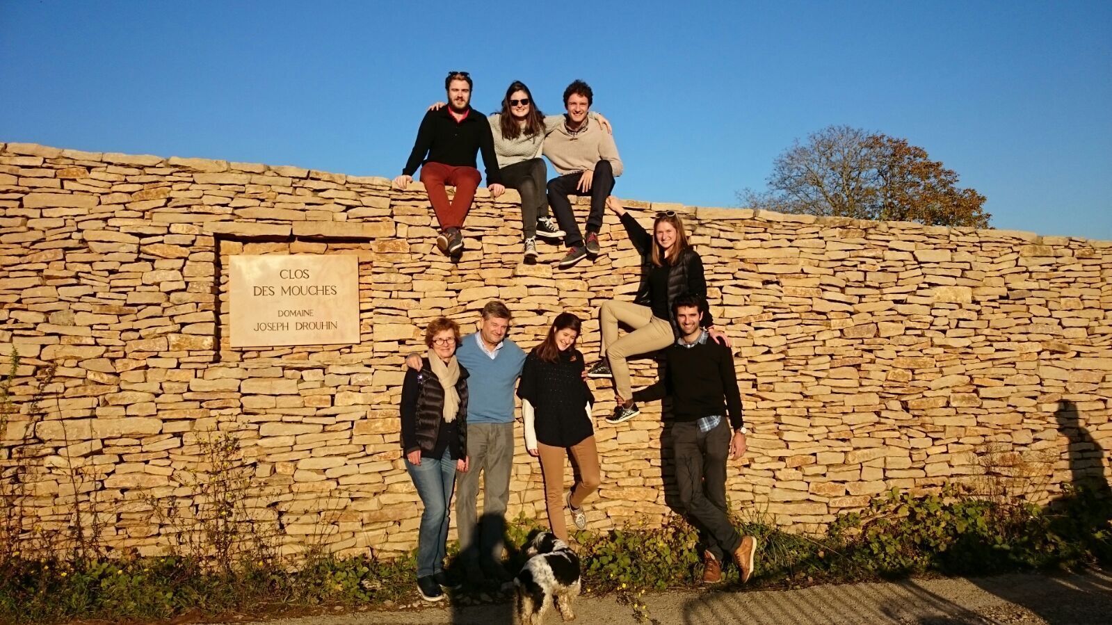A group of people posing in front of a stone wall with a sign that reads 'CLOS DES MOUCHES JOSPH DROUHIN.'
