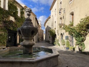 A narrow street with a fountain in the center, flanked by buildings with vines and a sign reading "Alberge". - LA NOUVELLE PEYRIERE - stone villa w pool - wooded property - private terrace (Mazan)