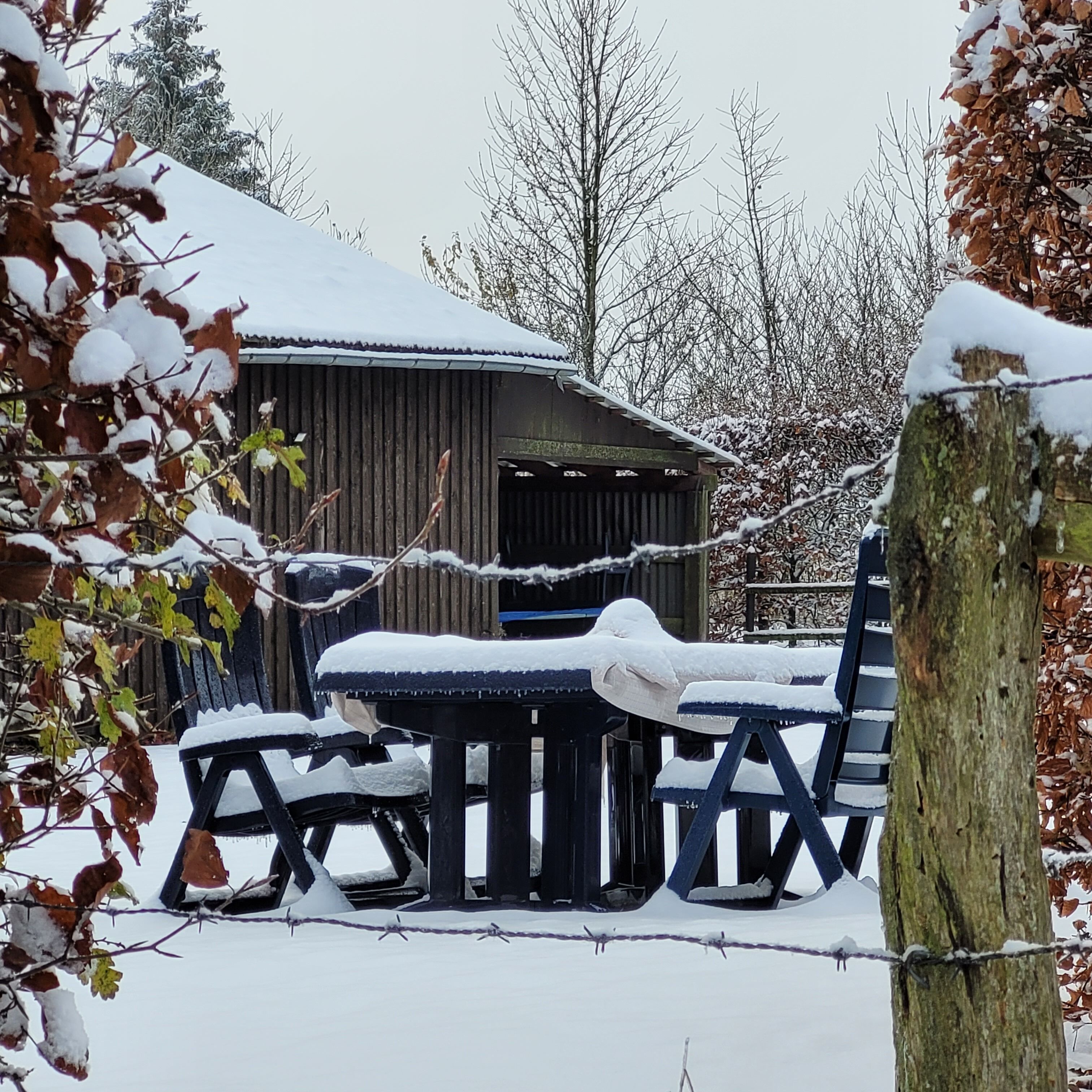 Une cabane en bois avec un toit enneigé et une cour entourée d’une clôture.