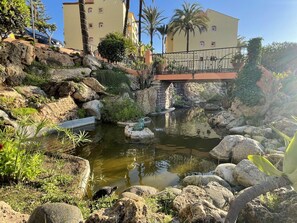 Stroll across the tranquil bridge to the serene pond surrounded by lush greenery and natural rocks.