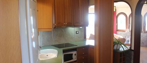 Fridge, microwave, stovetop, coffee/tea maker