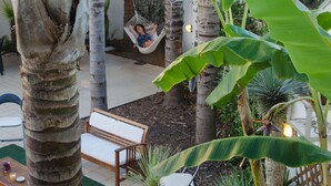 A hammock hanging between palm trees, a wooden bench, and a dining table with chairs in a tropical garden setting.