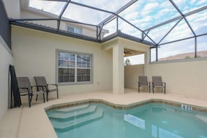 Outdoor pool, a heated pool, pool loungers