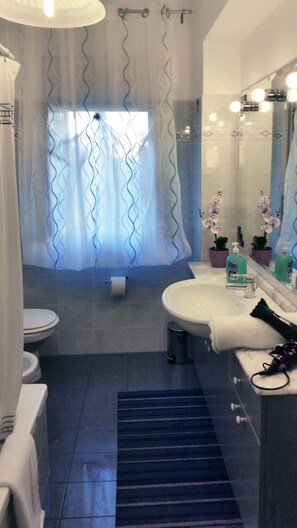 Combined shower/tub, hair dryer, bidet, towels