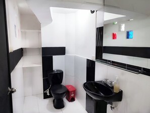 Regadera, toallas, shampoo, papel de baño