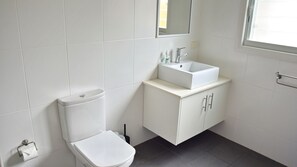 A bathroom with a toilet, a sink, and a mirror.