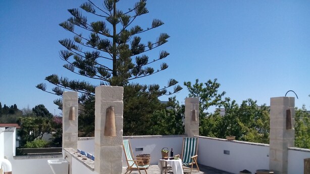 A rooftop terrace with a barbecue, outdoor seating, and a large tree.