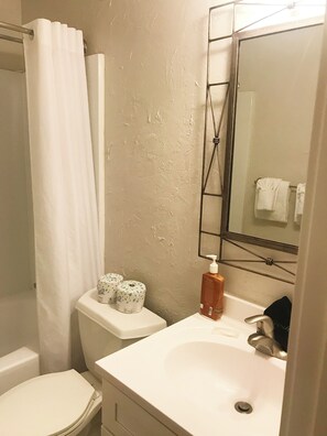 Combined shower/bathtub, hair dryer, towels, soap