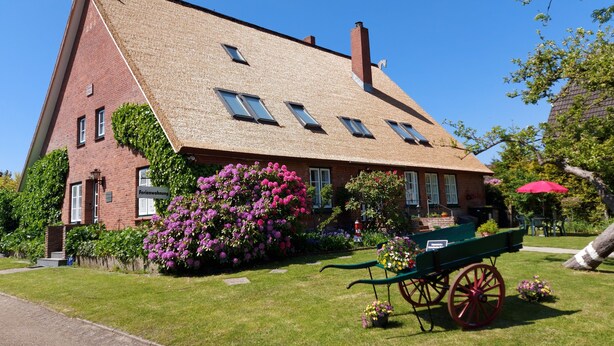 A traditional brick building with a steeply pitched roof, a green carriage, and vibrant flowering bushes. - 3 *** apartment in the comfort of a thatched old farmhouse from 1746 (Cuxhaven)