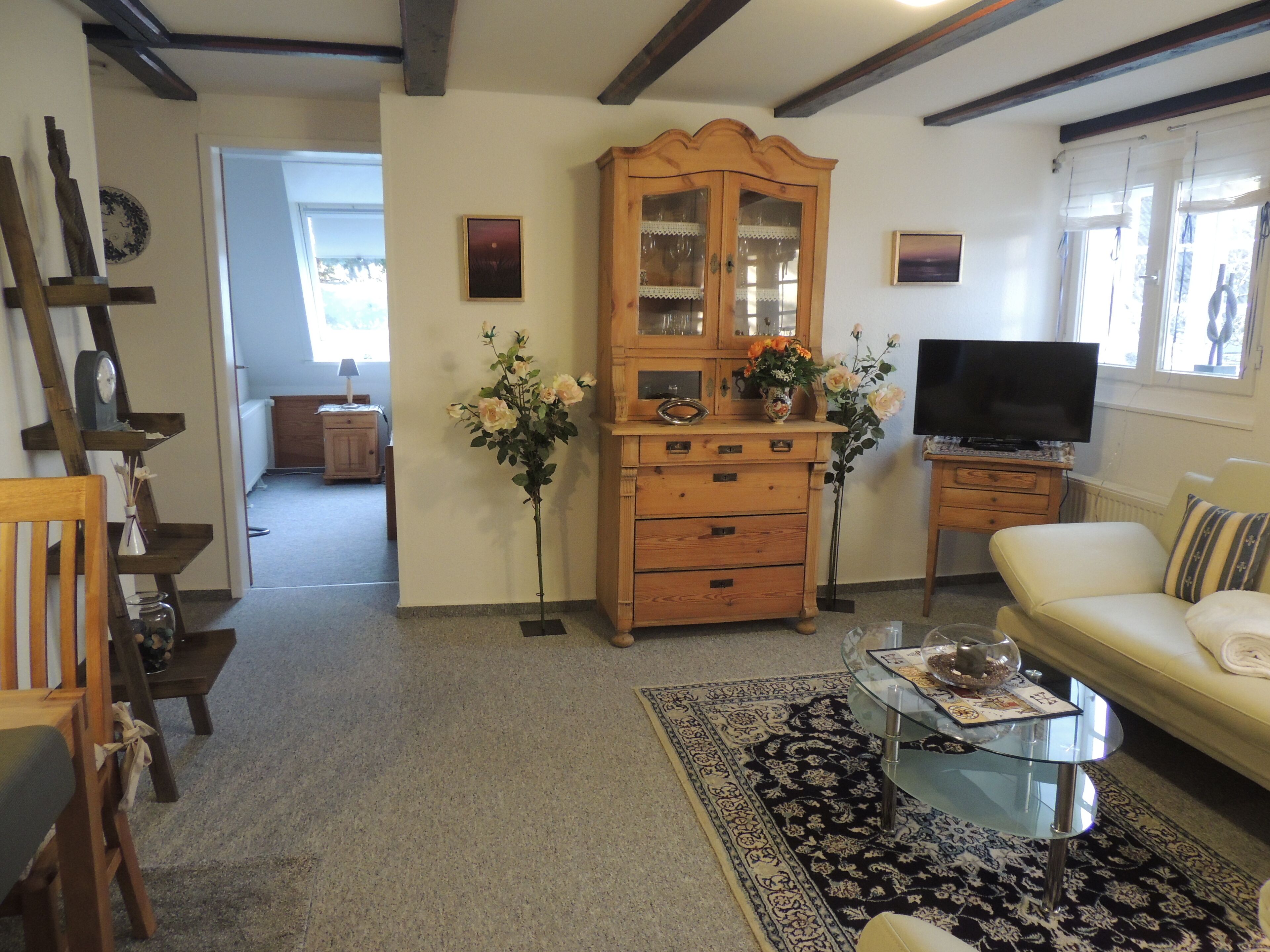 TV, DVD player, books, stereo