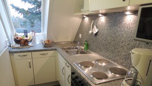 A kitchen with white cabinets, a granite countertop, stainless steel appliances, and a window with a view of trees. - 3 *** apartment in the comfort of a thatched old farmhouse from 1746 (Cuxhaven)