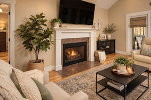 A living room with a fireplace, a television mounted above it, a sofa, a coffee table, and a potted plant.
