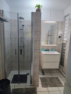 Shower, towels, soap, toilet paper