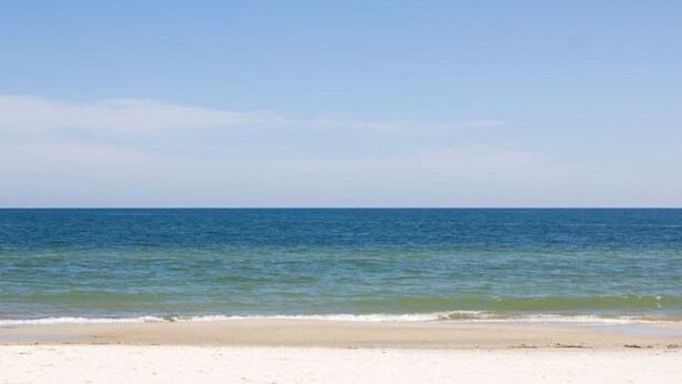 Une plage avec un ciel dégagé et une mer calme.