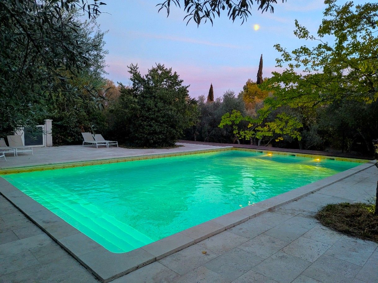 Ein rechteckiger Swimmingpool mit einer gefliesten Kante, umgeben von einer gepflasterten Terrasse.