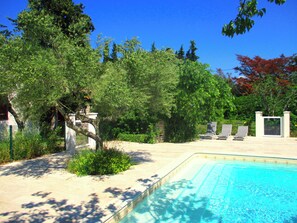 Una piscina circondata da alberi e una zona patio con poltrone relax.