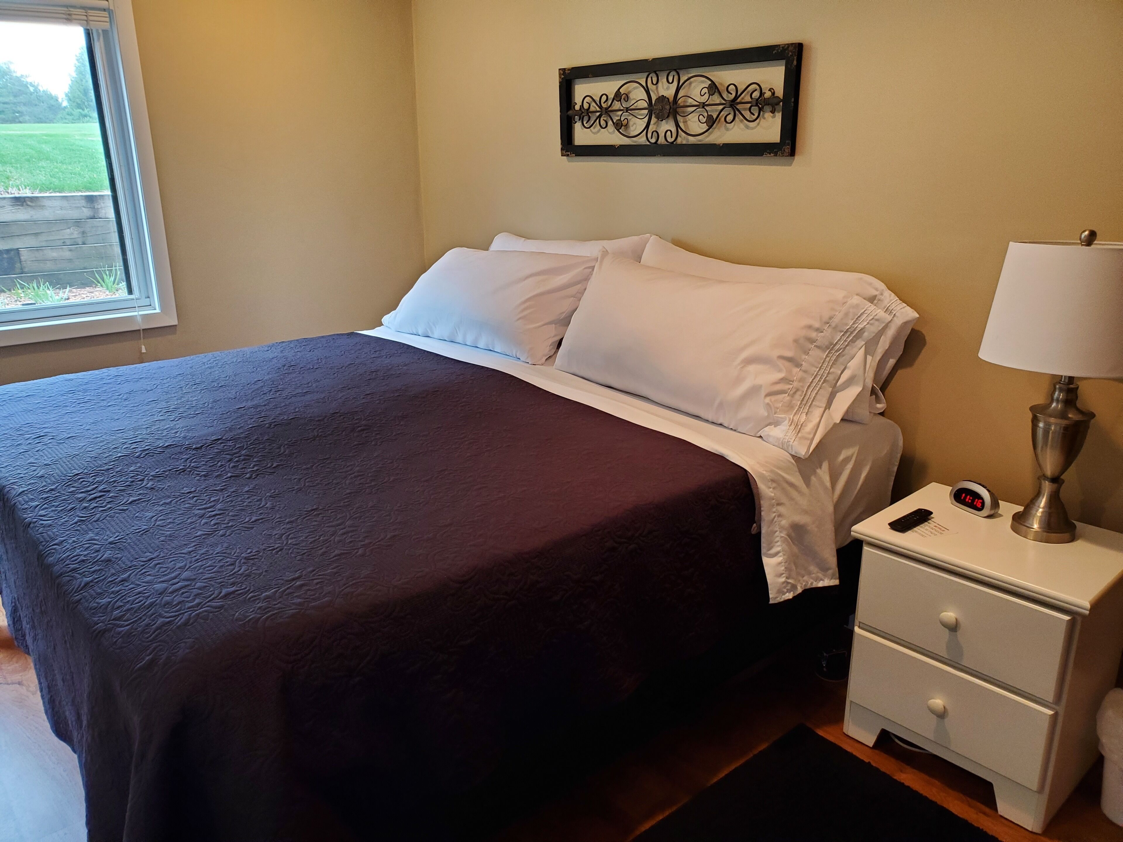 Lower level bedroom with king size bed, plus additional twin size bed.