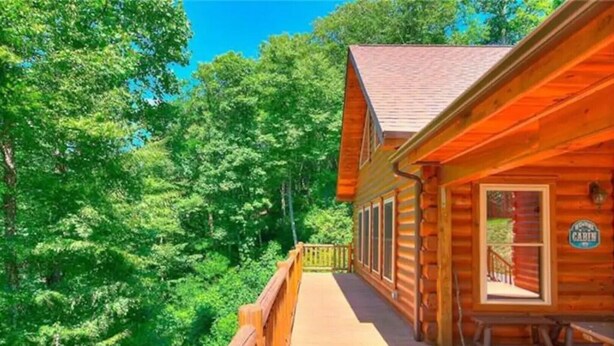 A wooden cabin with a deck, surrounded by dense forest.