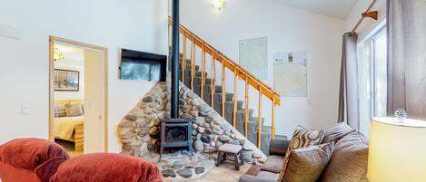 TV, fireplace, books