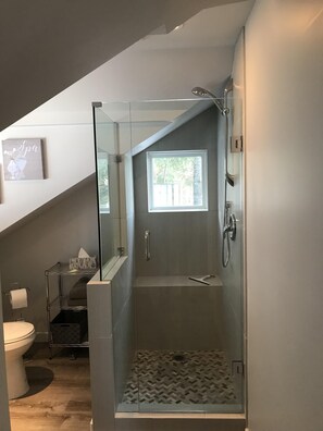 Douche, sèche-cheveux, serviettes fournies, savon