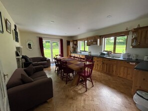 TV connectée, cheminée, médiathèque, chaîne hi-fi