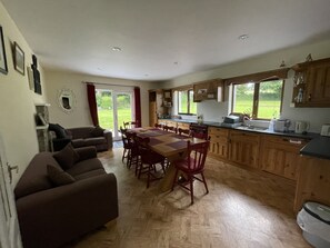 TV connectée, cheminée, médiathèque, chaîne hi-fi