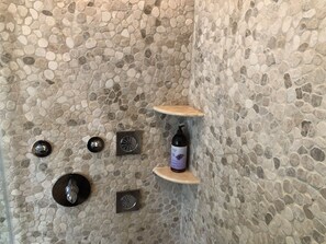 Shower, jetted tub, hair dryer, soap