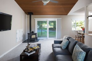 Smart TV, fireplace, books, stereo