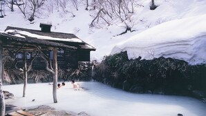 A wooden structure with a sloped roof, surrounded by snow-covered ground and trees.