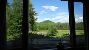 Blick aus einem Fenster auf eine Straße mit einem Berg und Wald in der Ferne.