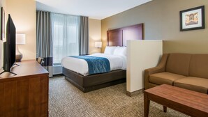 A hotel room with a bed, a sofa, a desk, and a TV.