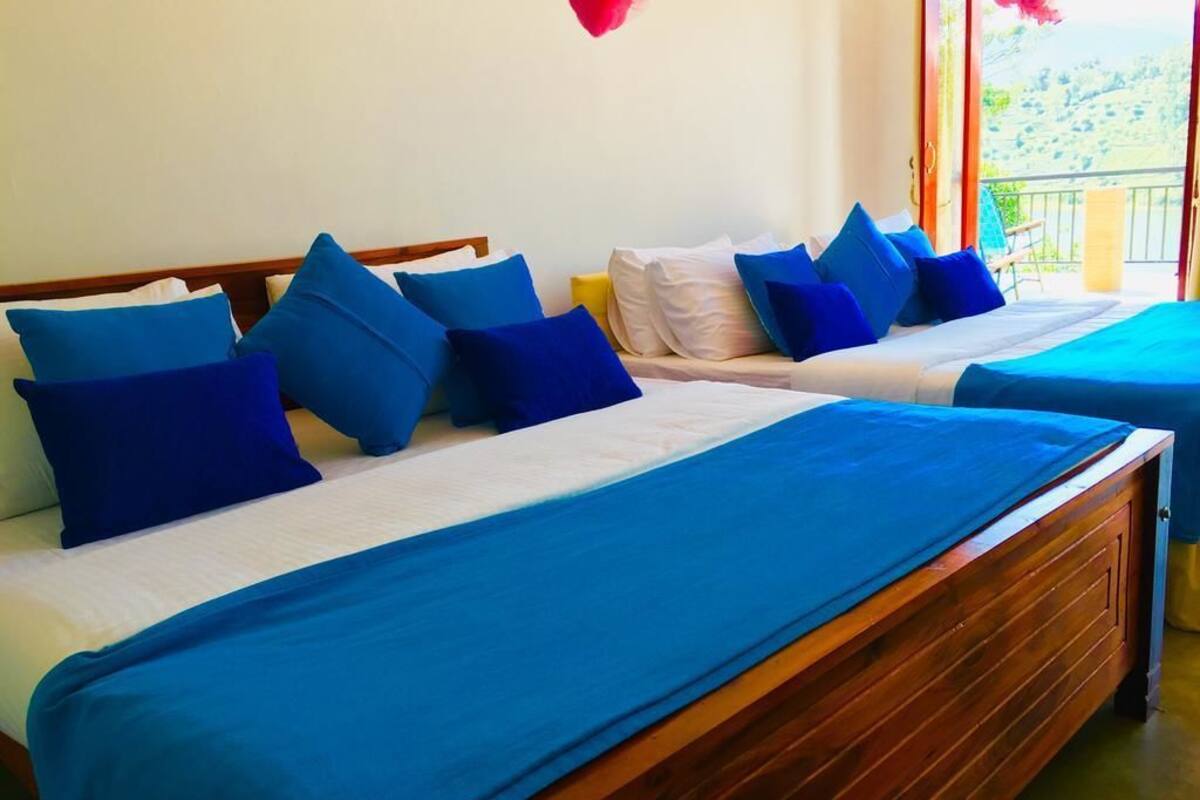 Two beds with blue bedding and pillows, wooden headboards, and a view of greenery outside.