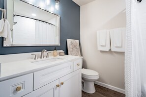 Hair dryer, towels, shampoo