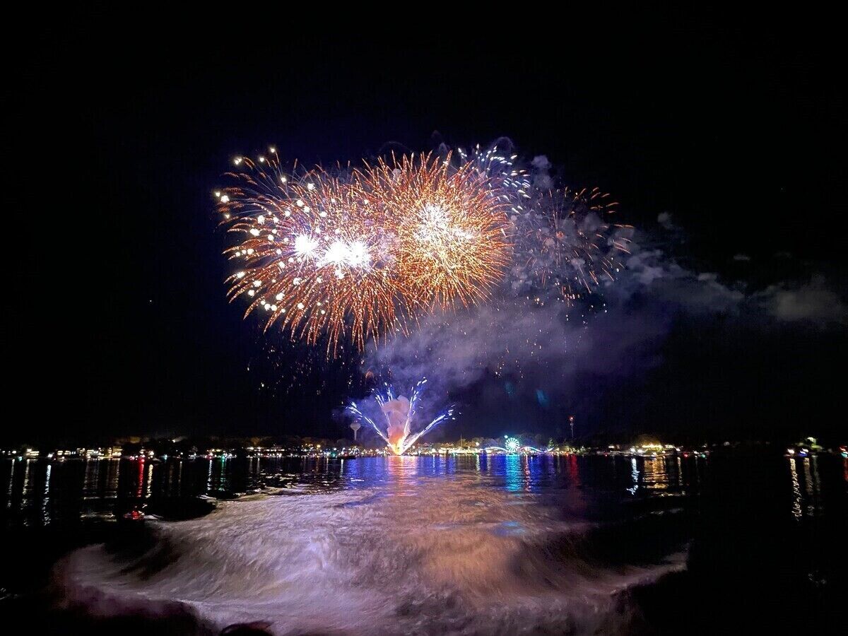 Una vista notturna di fuochi d'artificio sopra un corpo d'acqua, con i riflessi delle luci sulla superficie.