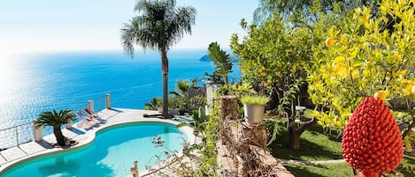 Seasonal outdoor pool, pool umbrellas, pool loungers