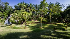 Un jardín bien cuidado con diversos árboles, un pequeño edificio y un sendero sinuoso.