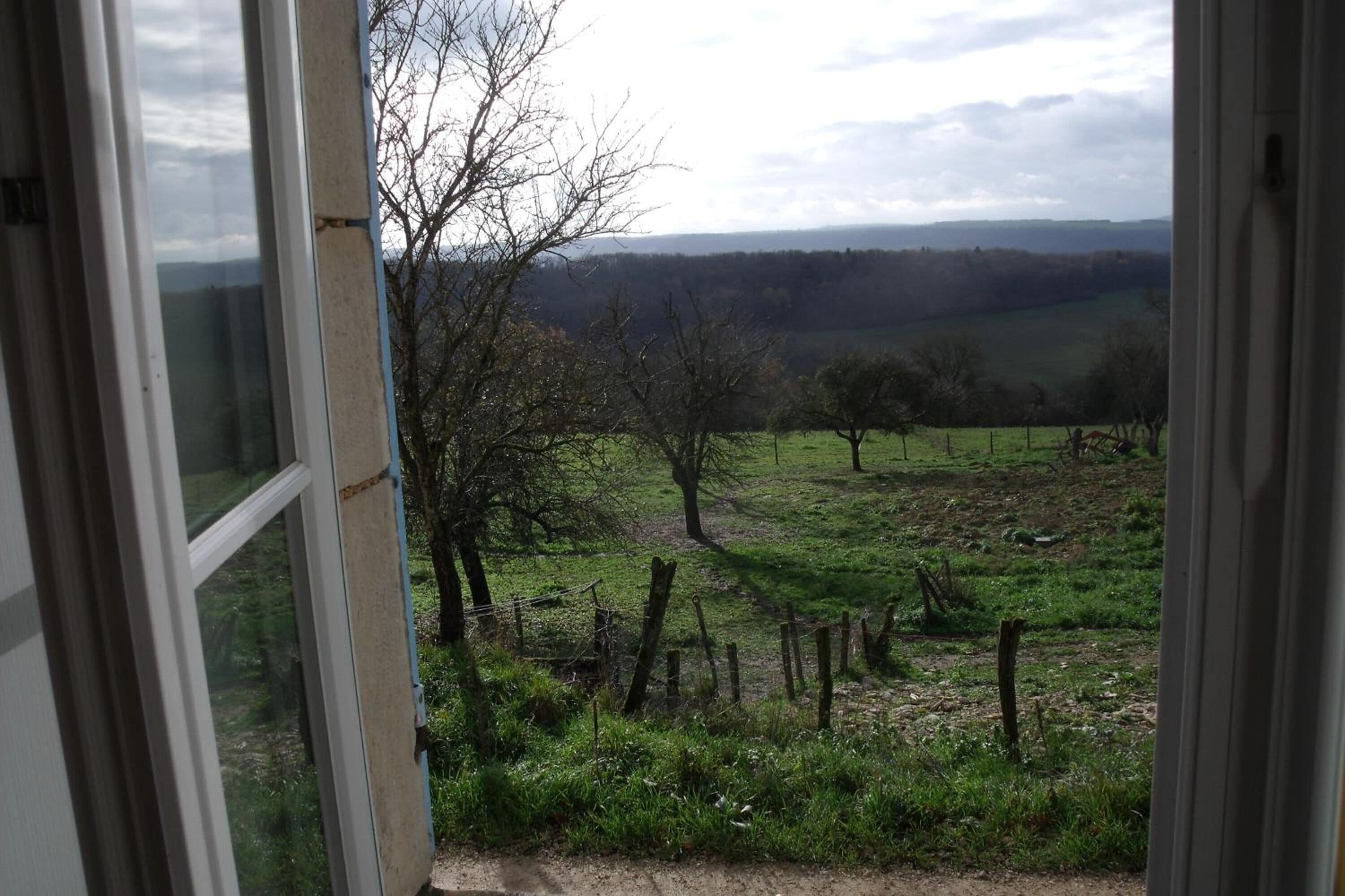 A view from a window overlooking a rural landscape with trees and open fields.