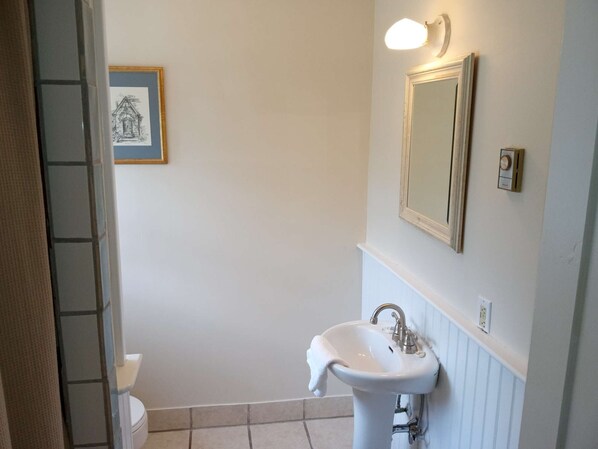 A bathroom with a white sink, a mirror, and a framed picture on the wall.