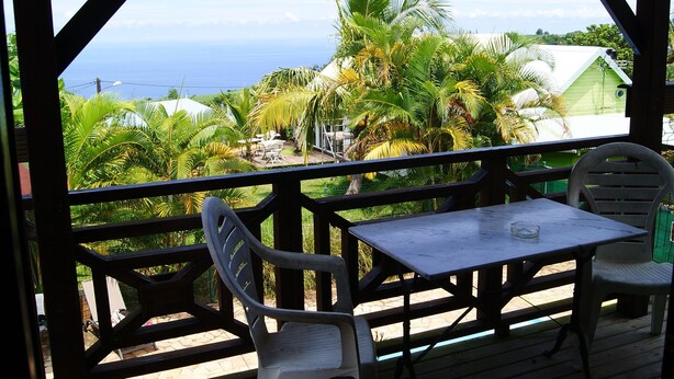 A covered outdoor seating area with a table and chairs, overlooking a lush landscape with palm trees and a view of the ocean. - Les Vanilliers (Saint-Joseph)