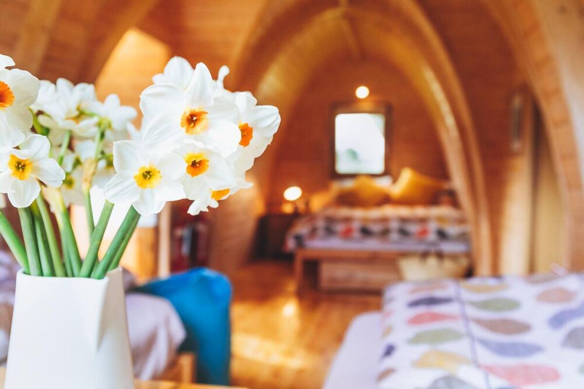 A cozy room with a wooden ceiling, a bed with a colorful polka dot bedspread, and a vase with white flowers.