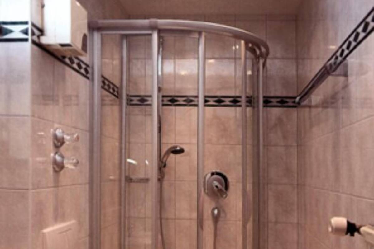 A modern bathroom with a curved glass shower enclosure, a toilet, and a sink.