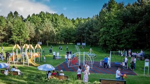 Un parque con juegos infantiles, bancos y una zona cubierta de césped.