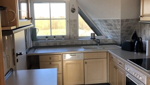 A modern kitchen with a large window, a dishwasher, a stove, and hexagonal tile flooring. - cozy apartment in the Bay of Lübeck (Neuenhagen)